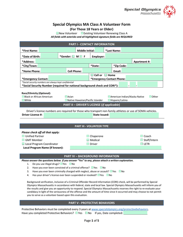 Special Olympics MA Class A Volunteer Form screenshot