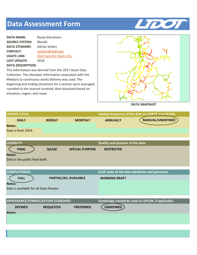 Data Assessment Form   Route Elevations screenshot