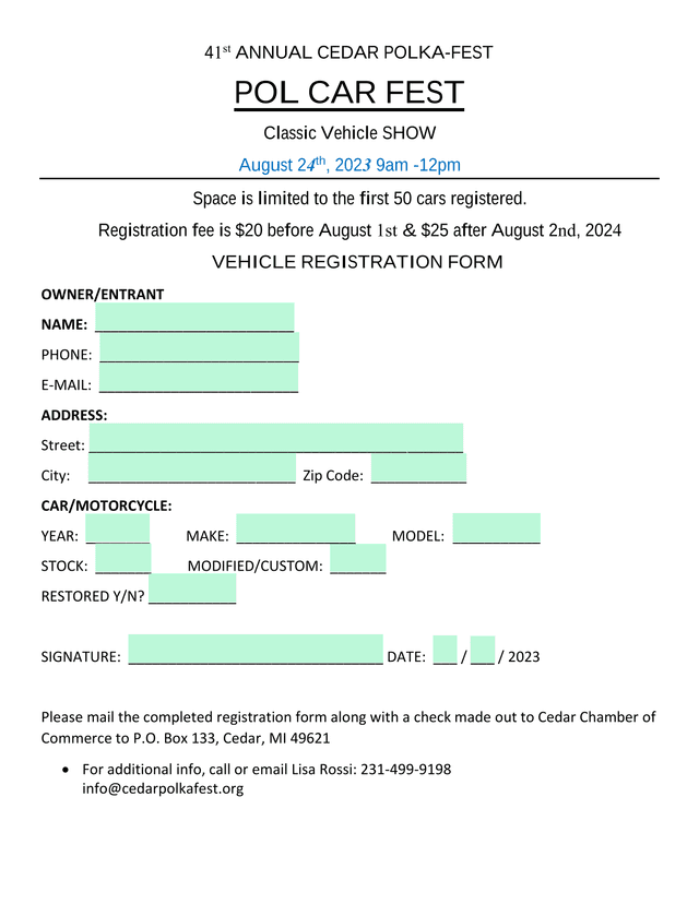 41st Annual Cedar Polka Fest Vehicle Registration Form screenshot