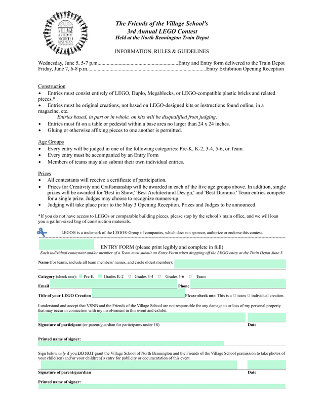 Friends Of The Village SchoolS 3rd Annual LEGO Contest Entry Form screenshot