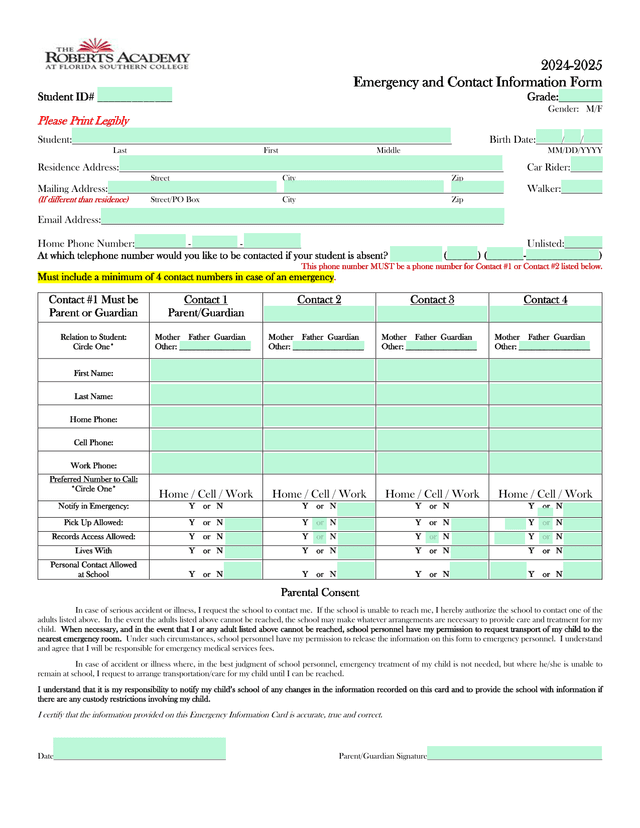 Emergency And Contact Information Form screenshot