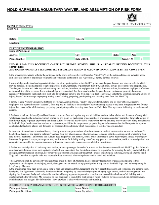 HOLD HARMLESS, VOLUNTARY WAIVER, AND ASSUMPTION OF RISK FORM screenshot