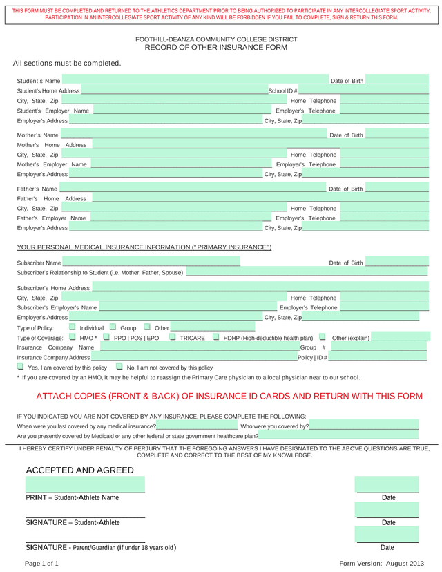 Record Of Other Insurance Form screenshot