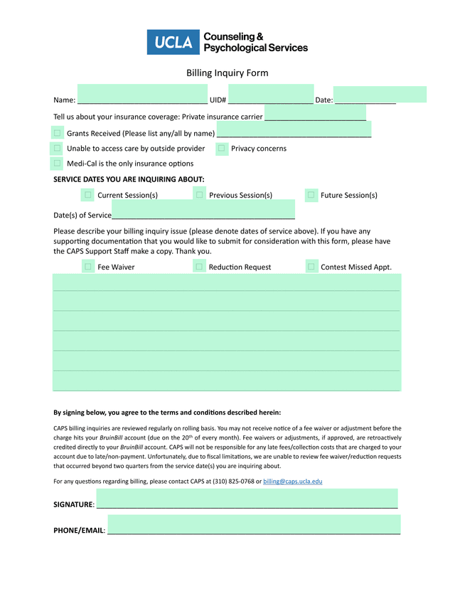 Billing Inquiry Form screenshot