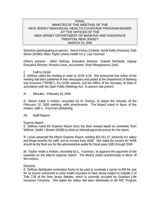 Minutes Of The Meeting Of The New Jersey Individual Health Coverage Program Board screenshot