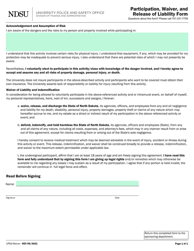 Participation, Waiver, And Release Of Liability Form screenshot