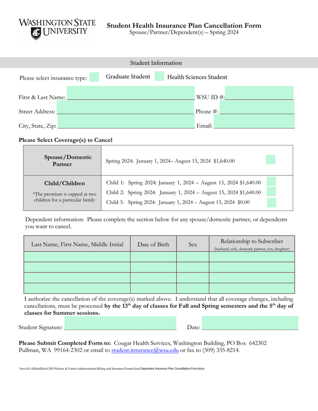 Student Health Insurance Plan Cancellation Form screenshot