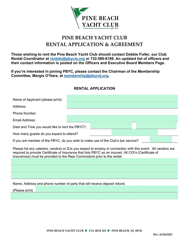 PINE BEACH YACHT CLUB RENTAL APPLICATION  AGREEMENT screenshot