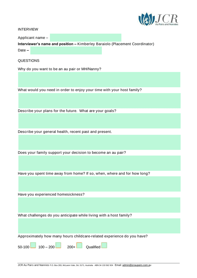 Au Pair And Nanny Interview Form screenshot