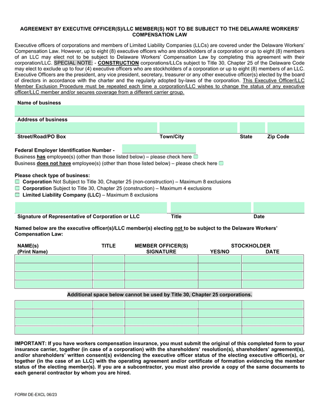 AGREEMENT BY EXECUTIVE OFFICER(S)LLC MEMBER(S) NOT TO BE SUBJECT TO THE DELAWARE WORKERS COMPENSATIO screenshot