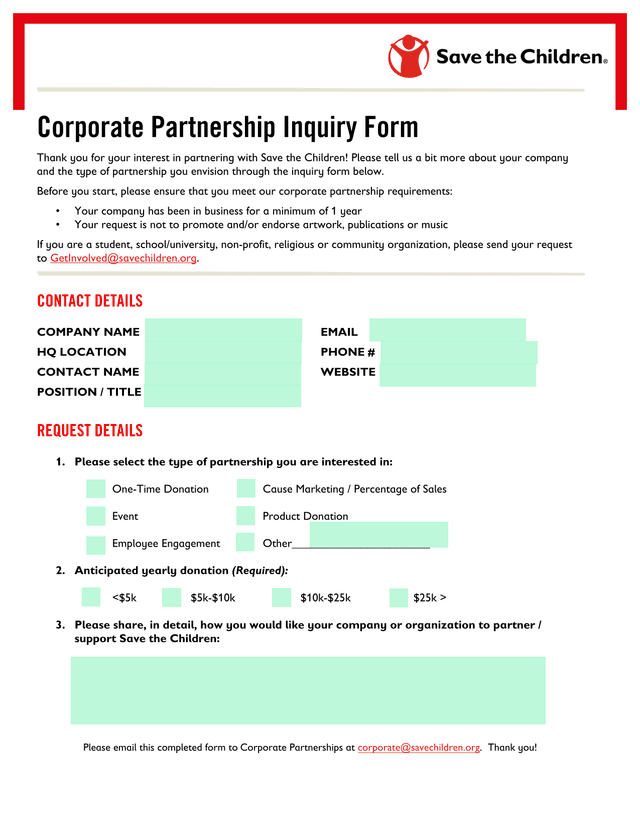 Corporate Partnership Inquiry Form screenshot