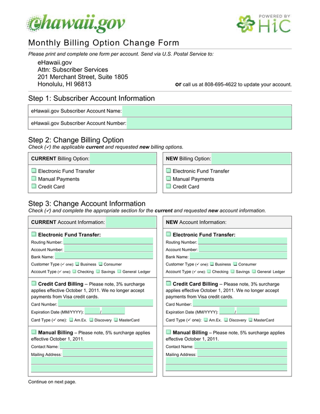 Monthly Billing Option Change Form screenshot