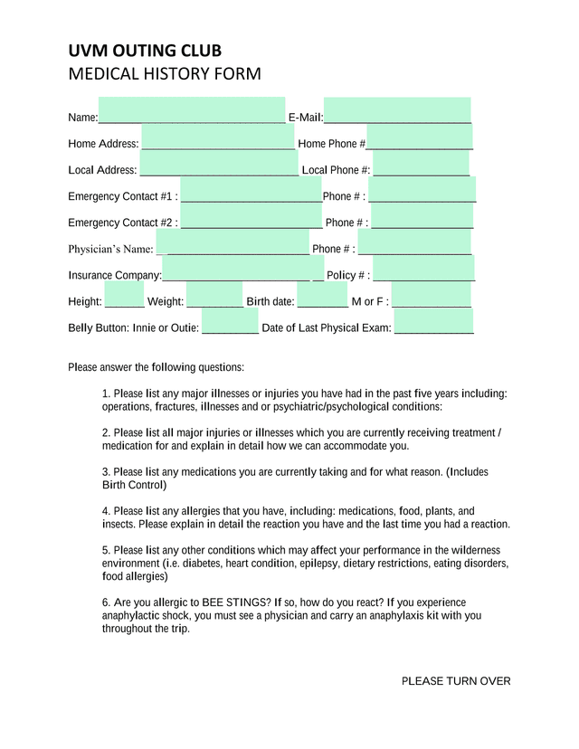 UVM OUTING CLUB MEDICAL HISTORY FORM screenshot