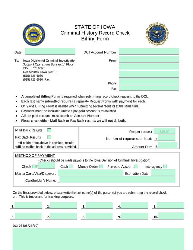 State Of Iowa Criminal History Record Check Billing Form screenshot