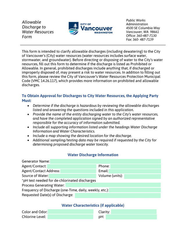 Allowable Discharge To Water Resources Form screenshot