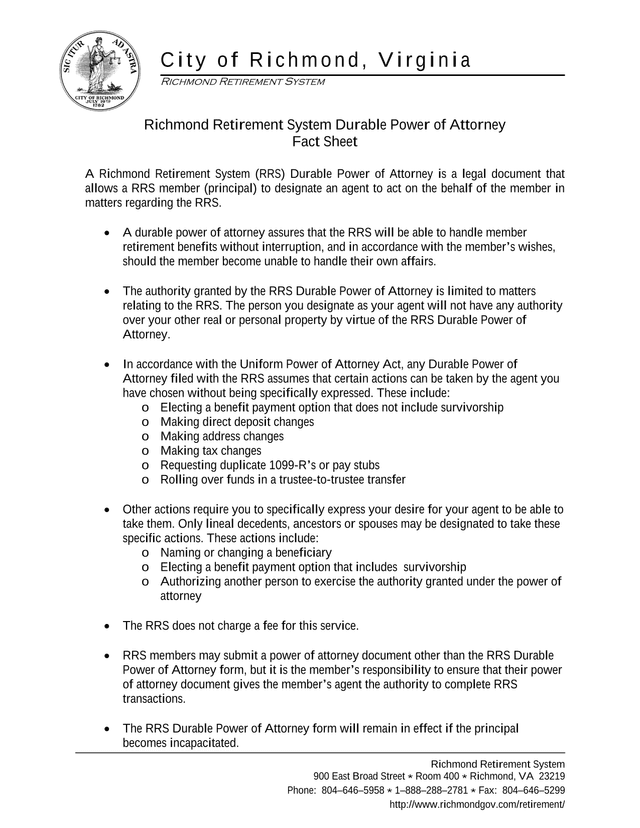 Richmond Retirement System Durable Power Of Attorney Fact Sheet screenshot