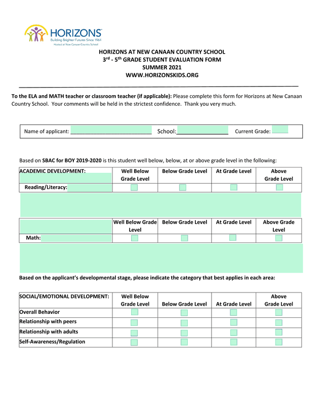 3rd   5th GRADE STUDENT EVALUATION FORM screenshot