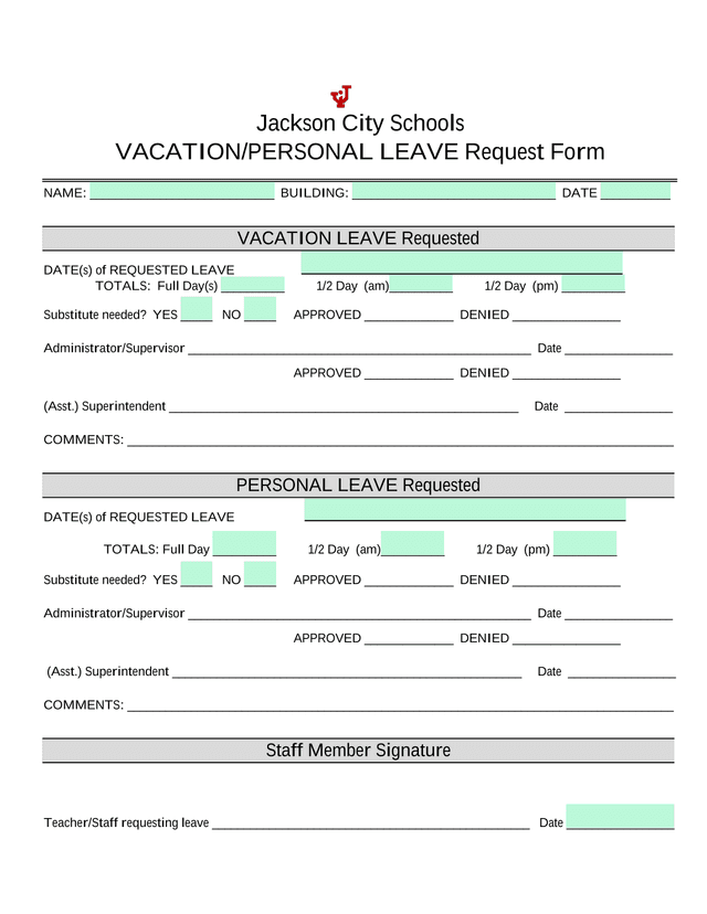 VacationPersonal Leave Request Form screenshot