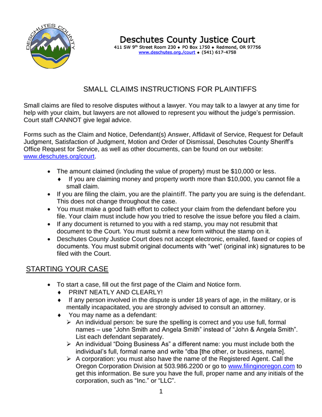 Small Claims Instructions For Plaintiffs screenshot