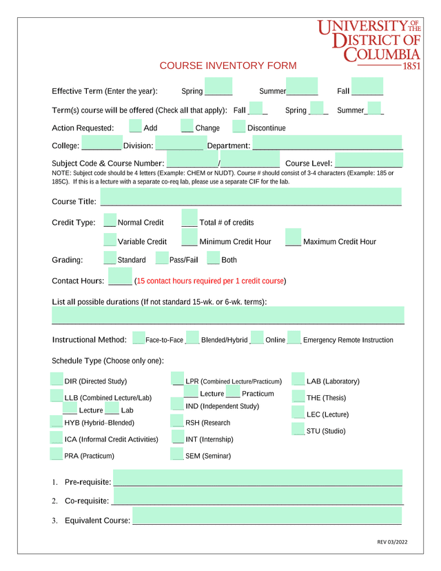 Course Inventory Form screenshot