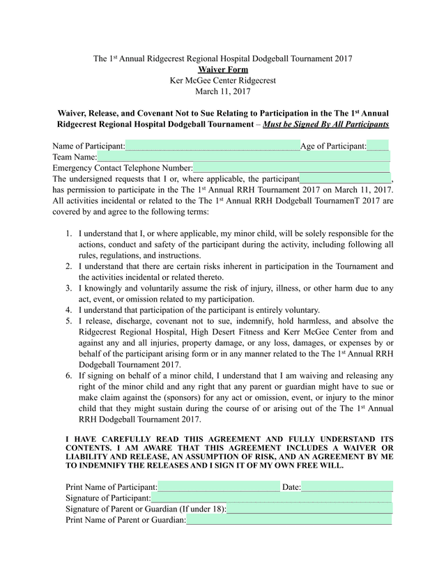 The 1st Annual Ridgecrest Regional Hospital Dodgeball Tournament 2017 Waiver Form screenshot