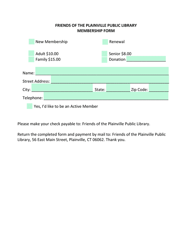 Friends Of The Plainville Public Library Membership Form screenshot