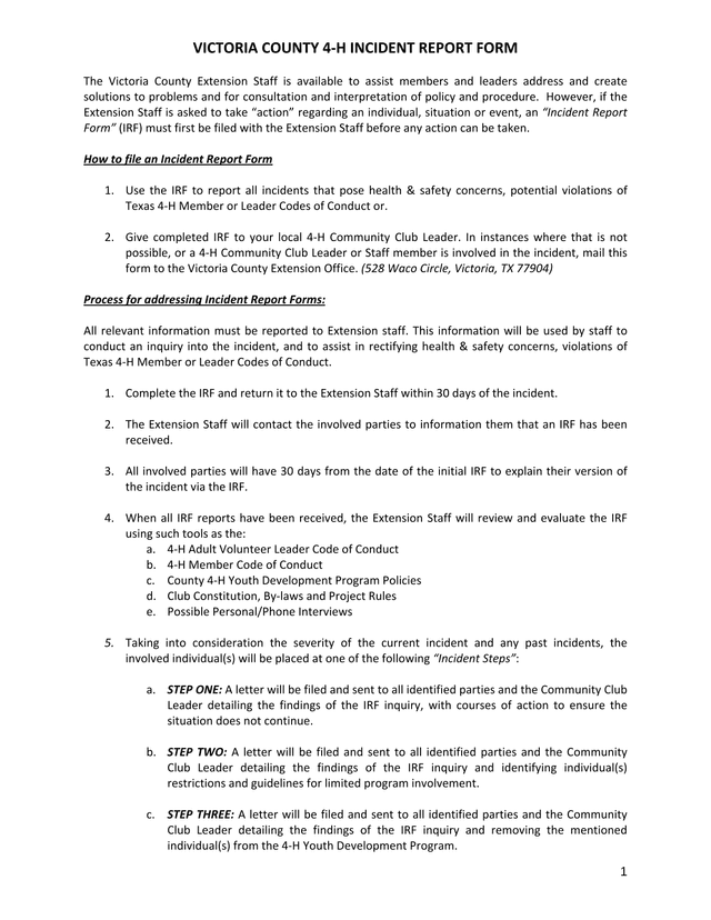 Victoria County 4 H Incident Report Form screenshot