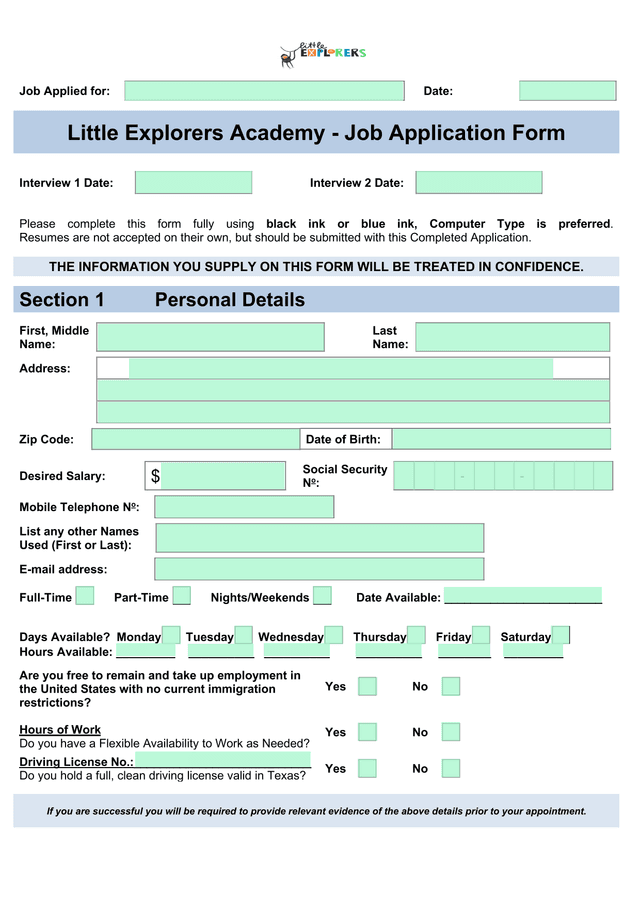 Little Explorers Academy   Job Application Form screenshot