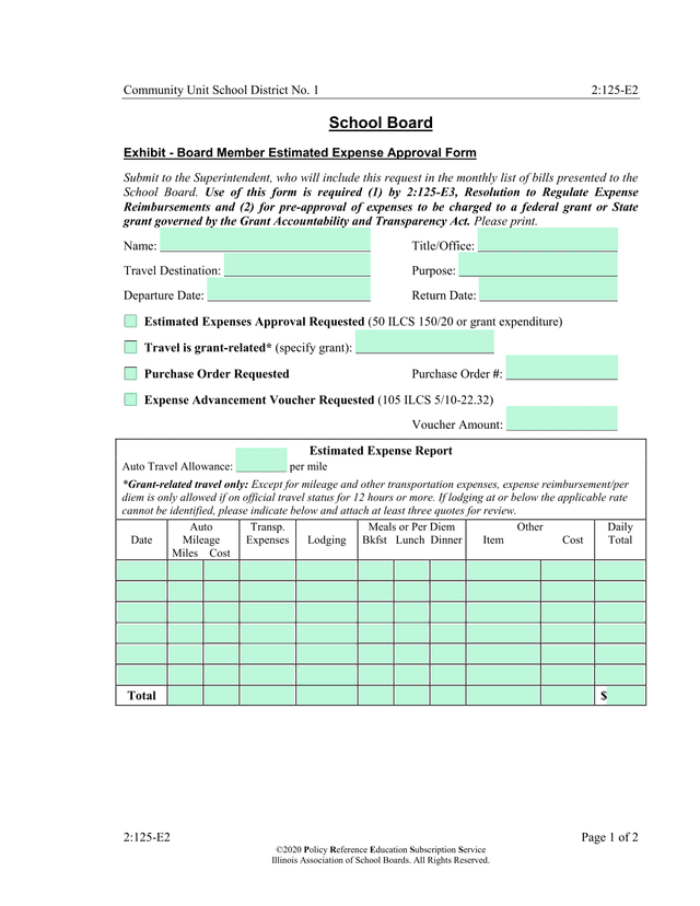 Board Member Estimated Expense Approval Form screenshot