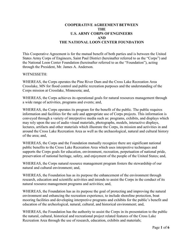 Cooperative Agreement Between U.S. Army Corps Of Engineers And National Loon Center Foundation screenshot