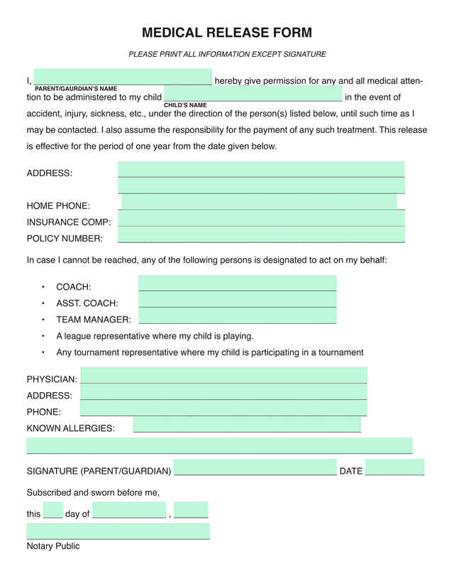 Medical Release Form screenshot