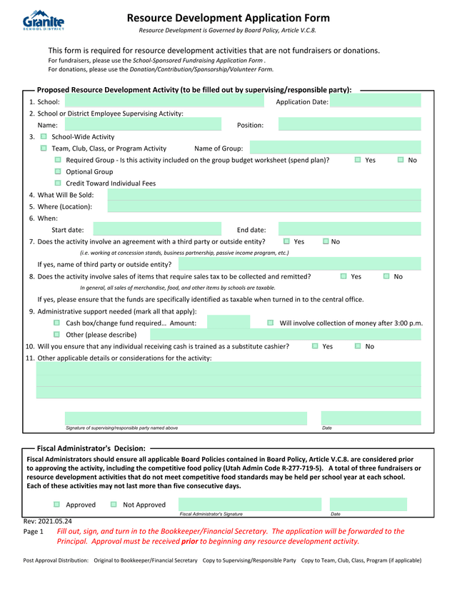 School Activity Request Form screenshot