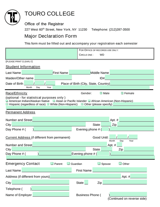 Major Declaration Form screenshot