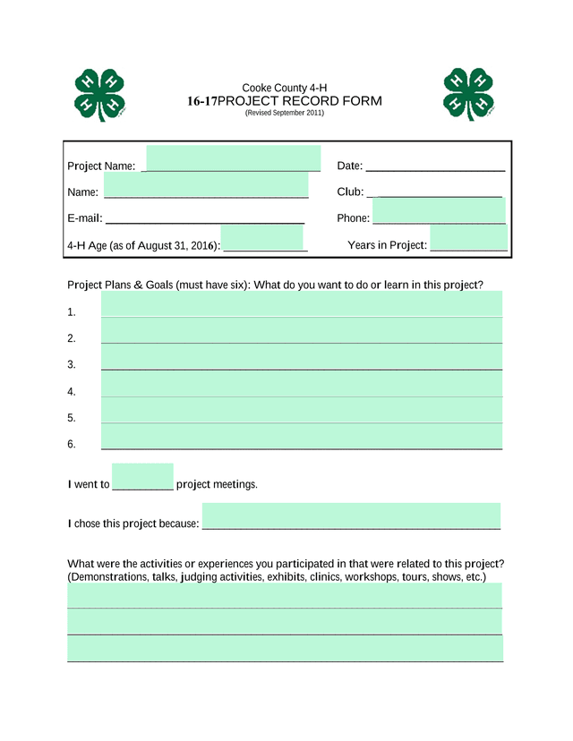 Cooke County 4 H 16 17 Project Record Form screenshot