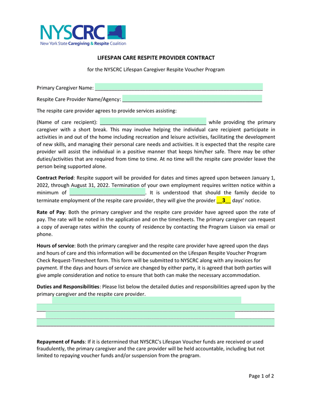 LIFESPAN CARE RESPITE PROVIDER CONTRACT screenshot