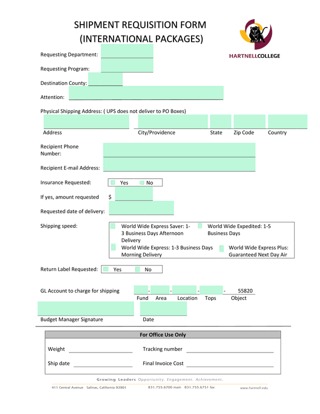Shipment Requisition Form (International Packages) screenshot