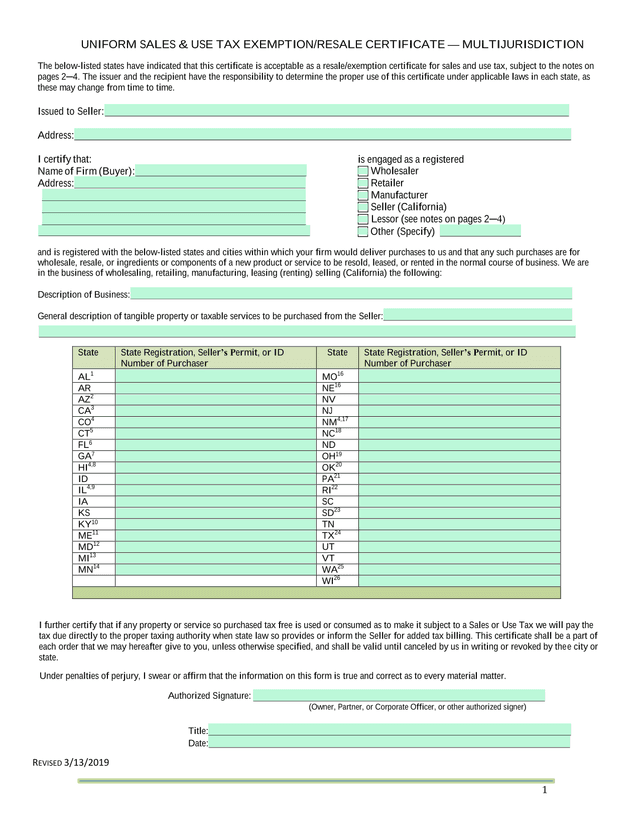 Uniform Sales  Use Tax ExemptionResale Certificate  Multijurisdiction screenshot