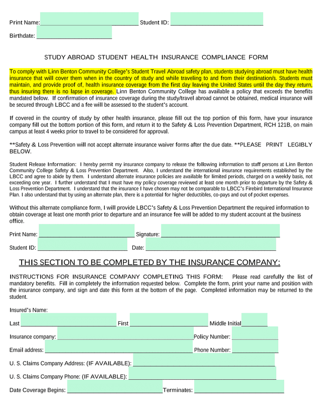 Study Abroad Student Health Insurance Compliance Form screenshot