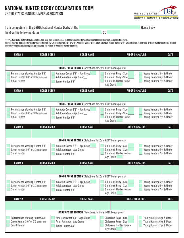National Hunter Derby Declaration Form screenshot