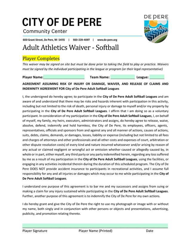 Adult Athletics Waiver   Softball screenshot