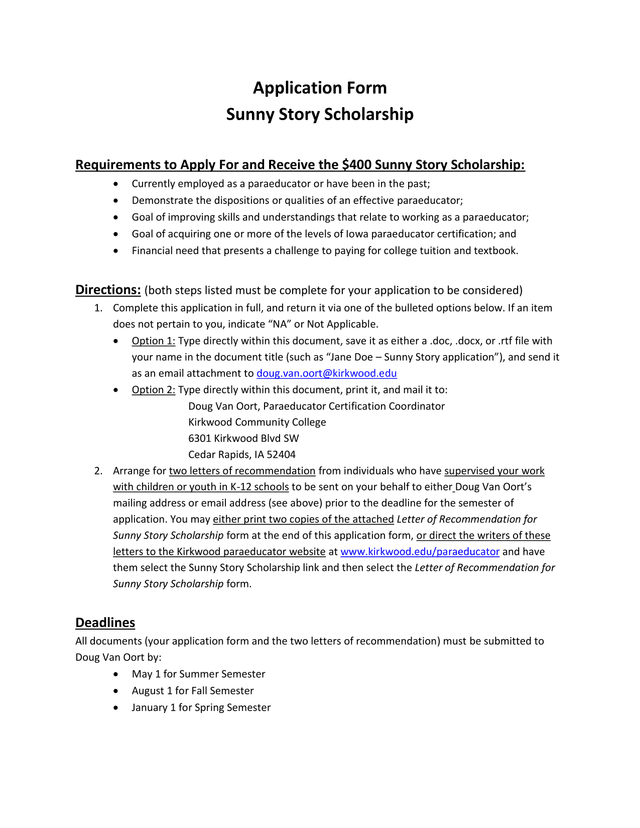 Sunny Story Scholarship Application Form screenshot
