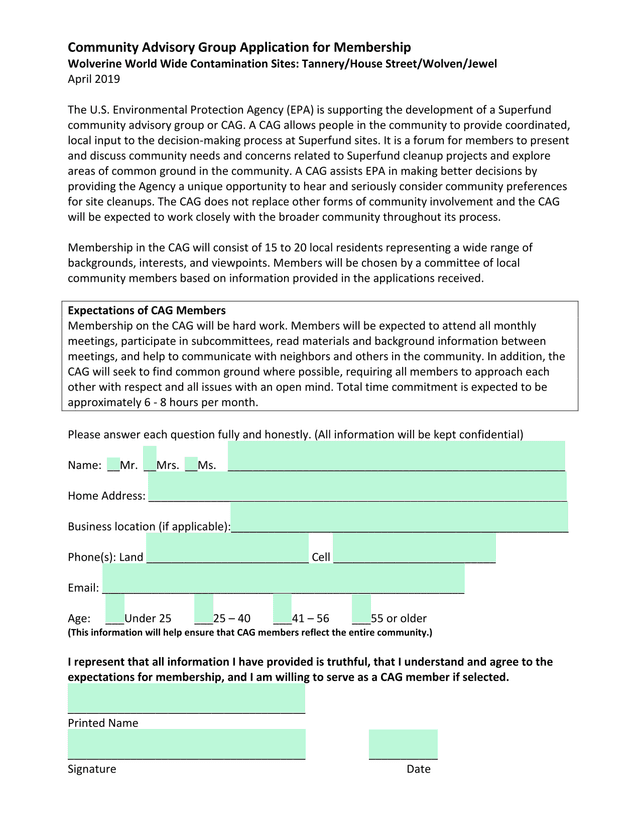 Community Advisory Group Application For Membership screenshot