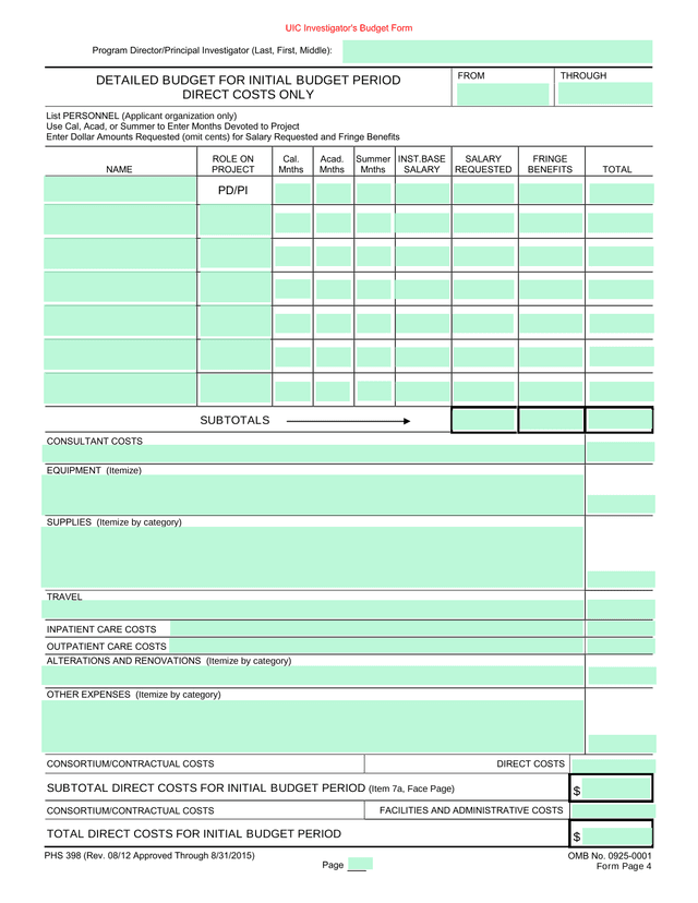 UIC InvestigatorS Budget Form screenshot