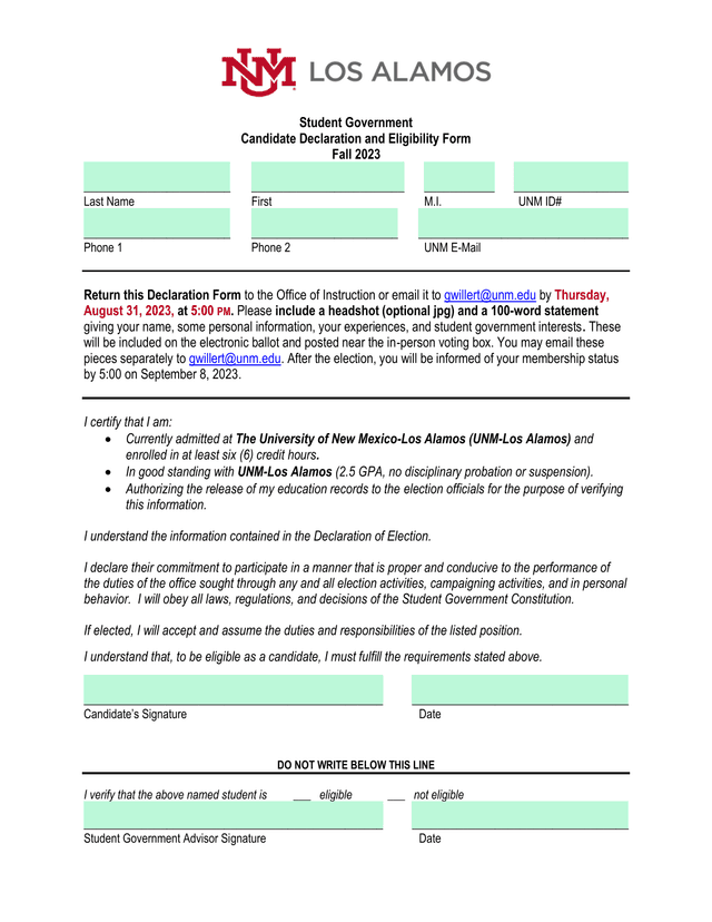 Student Government Candidate Declaration And Eligibility Form screenshot