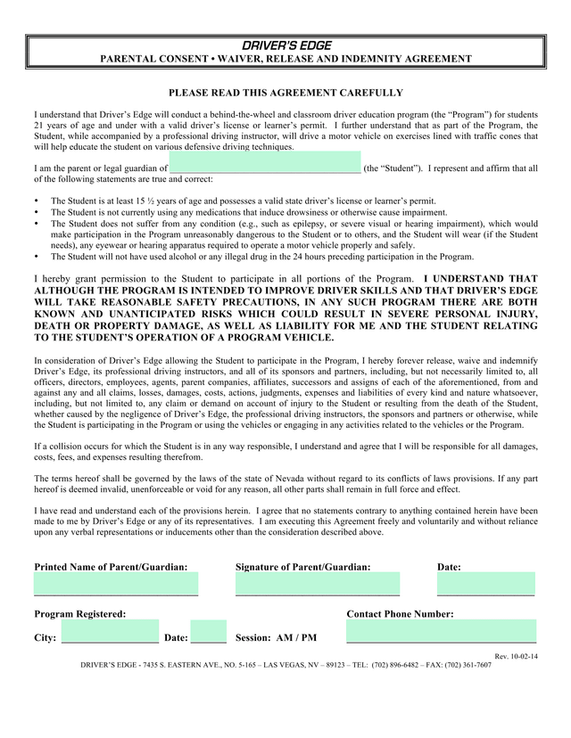 DRIVERS EDGE PARENTAL CONSENT  WAIVER, RELEASE AND INDEMNITY AGREEMENT screenshot