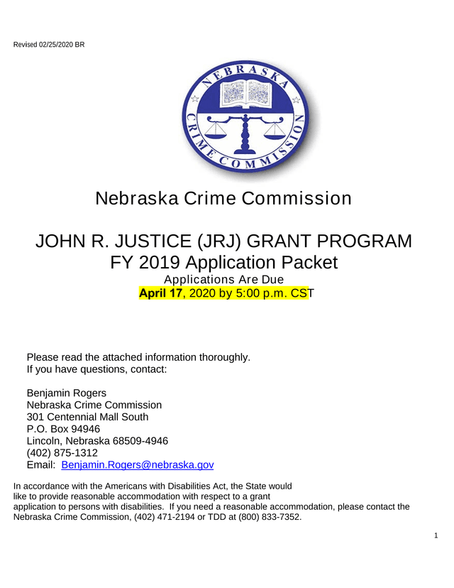 John R. Justice (JRJ) Grant Program FY 2019 Application Packet screenshot