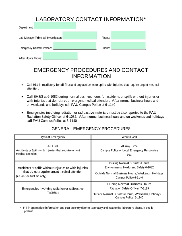 Laboratory Contact Information And Emergency Procedures screenshot