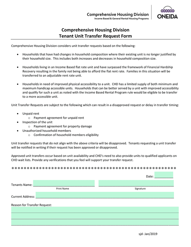 Tenant Unit Transfer Request Form screenshot