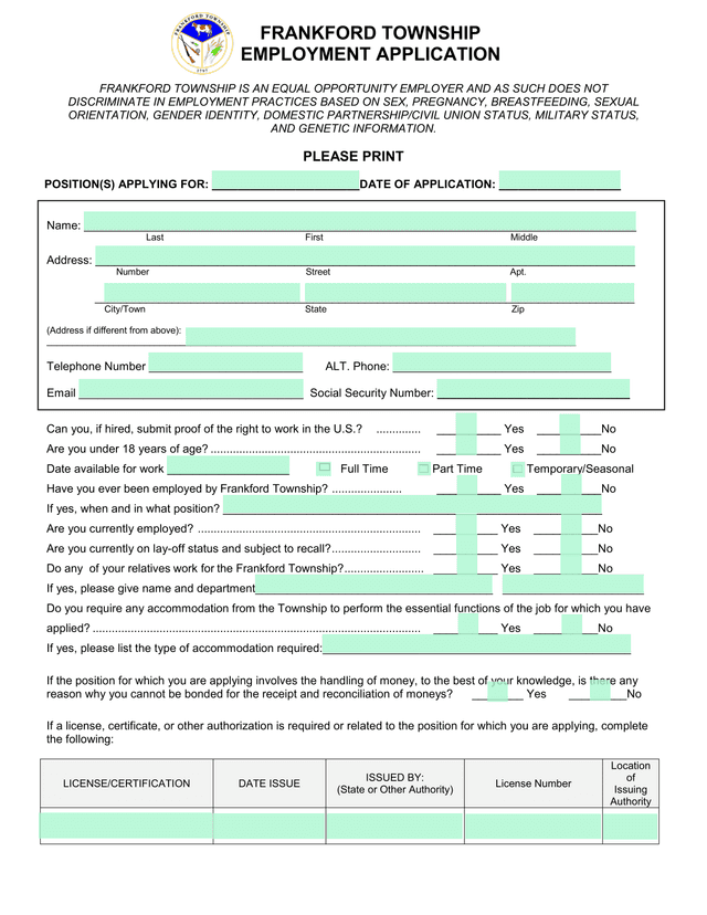 Frankford Township Employment Application screenshot