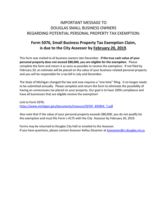 Form 5076, Small Business Property Tax Exemption Claim screenshot